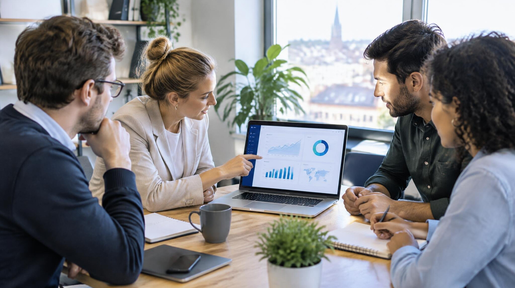 Small team gathered around a table discussing a digital dashboard