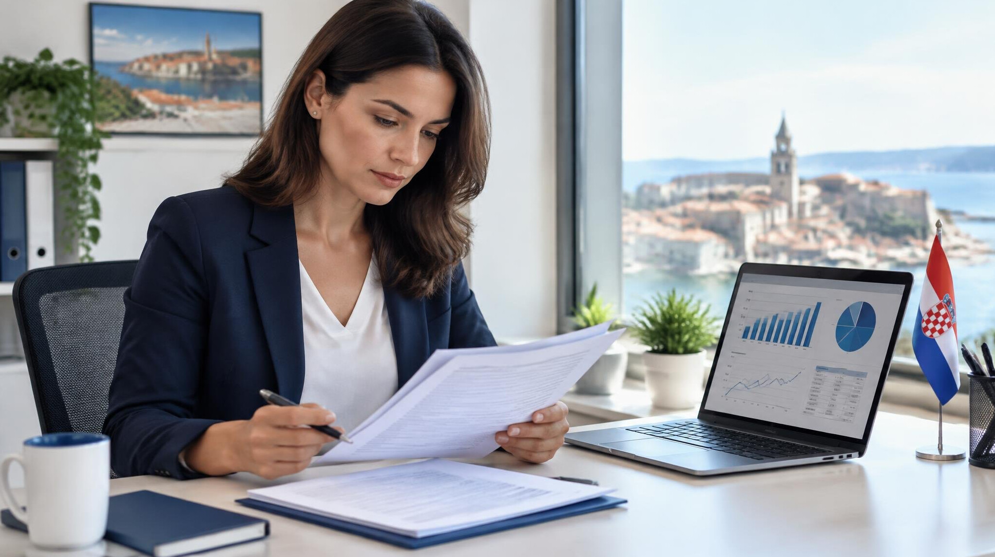 Person reviewing insurance documents and digital charts on a laptop