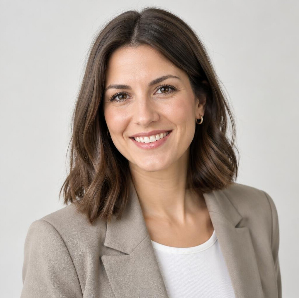 Studio portrait of a smiling woman with shoulder-length hair